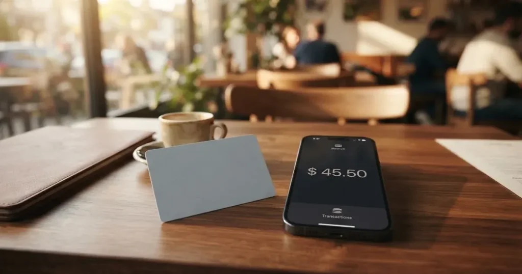 A payment card next to a phone with a crypto wallet app open