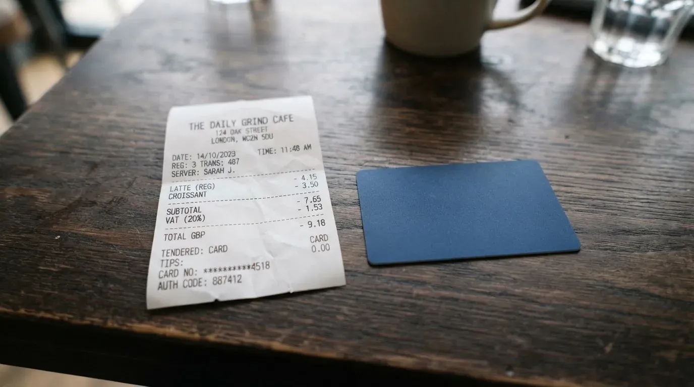 A receipt and a card on a café table