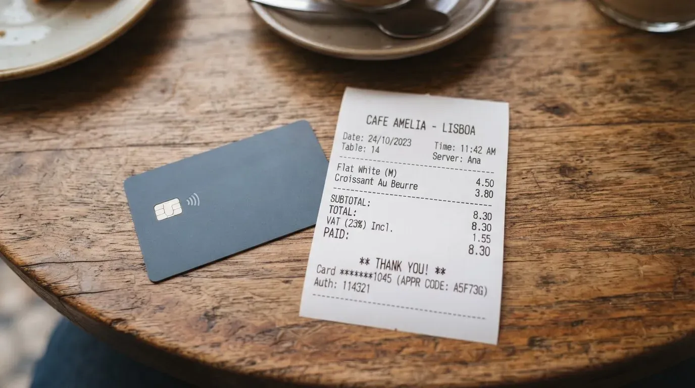 A receipt and a card on a café table