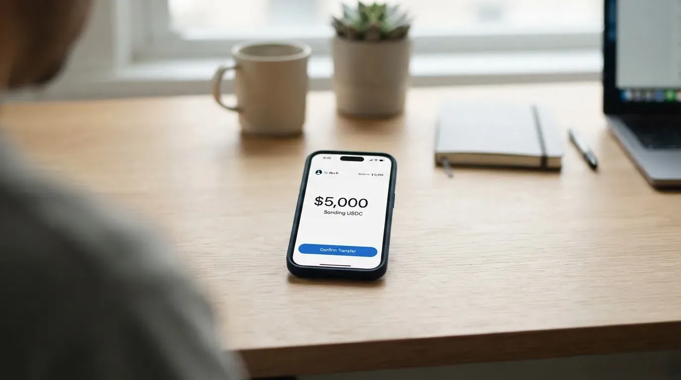 A phone showing a stablecoin transfer screen