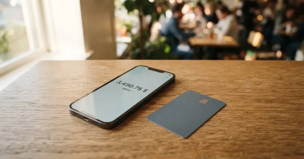 A payment card next to a phone with a crypto wallet app open