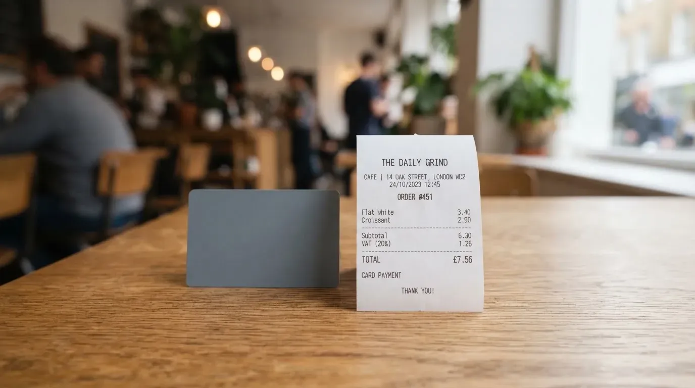 A receipt and a card on a café table