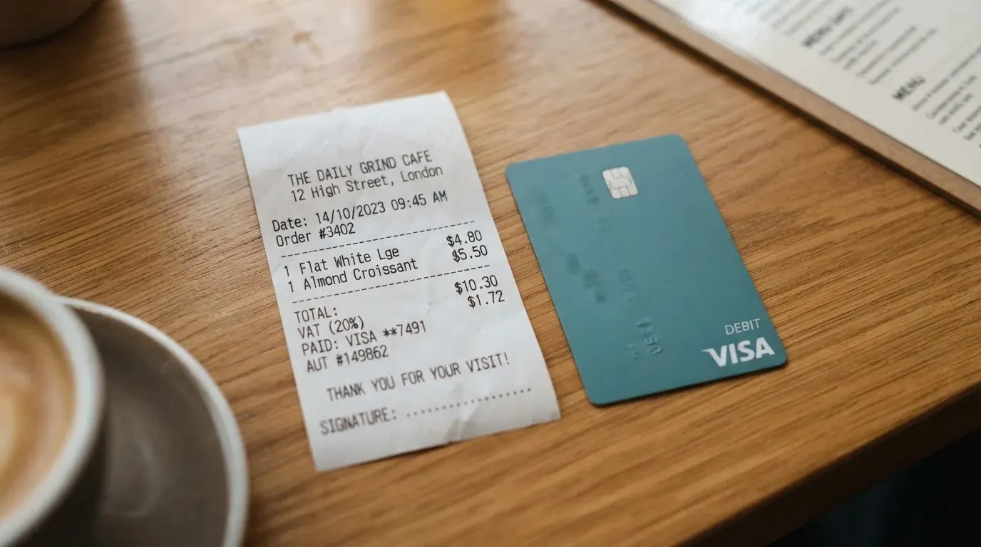 A receipt and a card on a café table