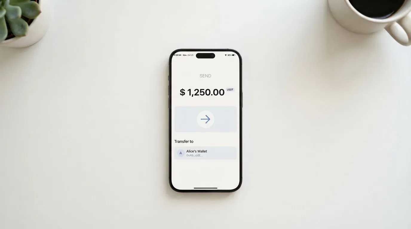 A phone showing a stablecoin transfer screen