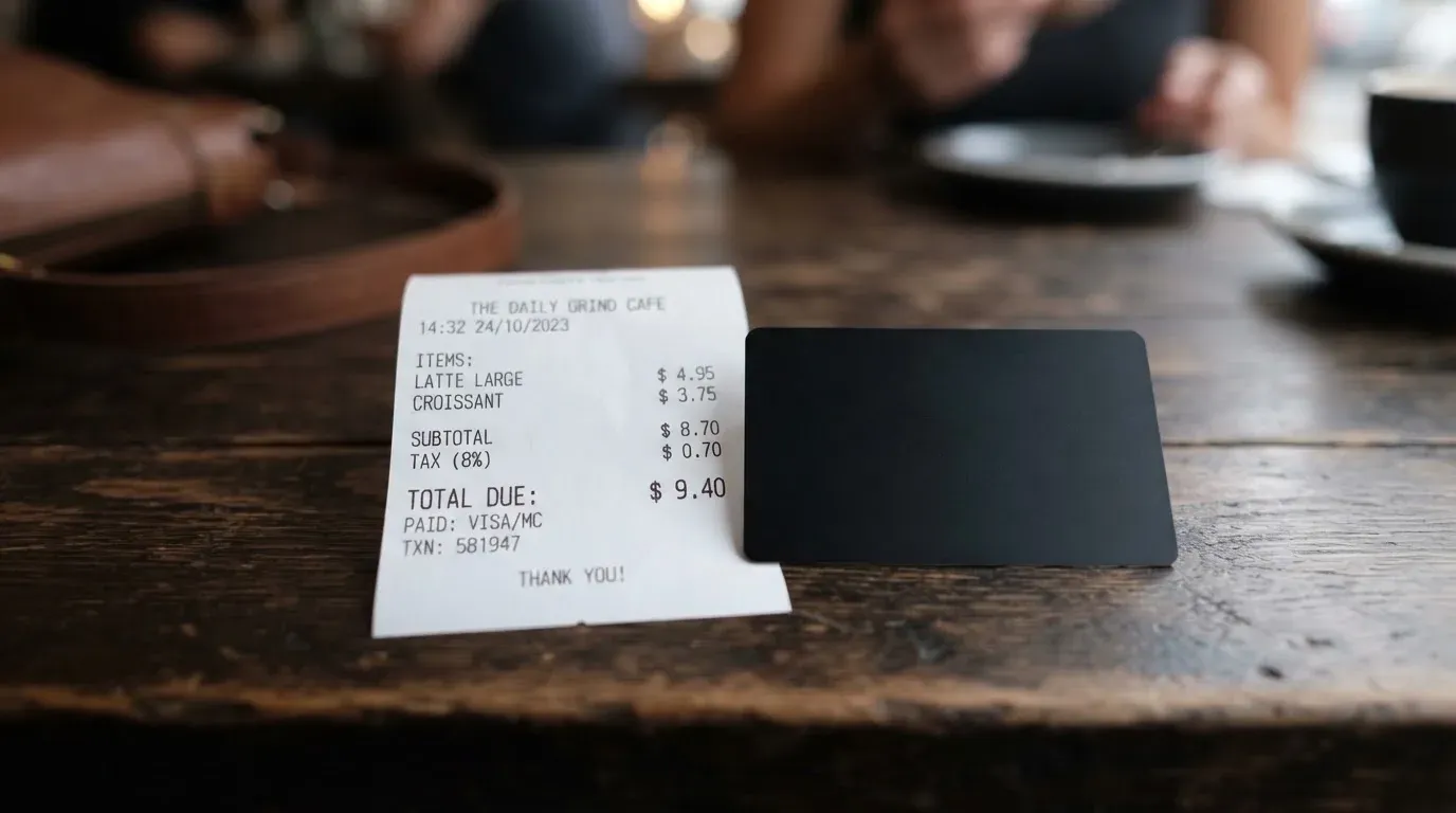 A receipt and a card on a café table