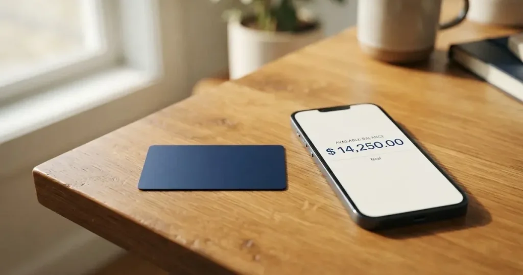 A payment card next to a phone with a crypto wallet app open