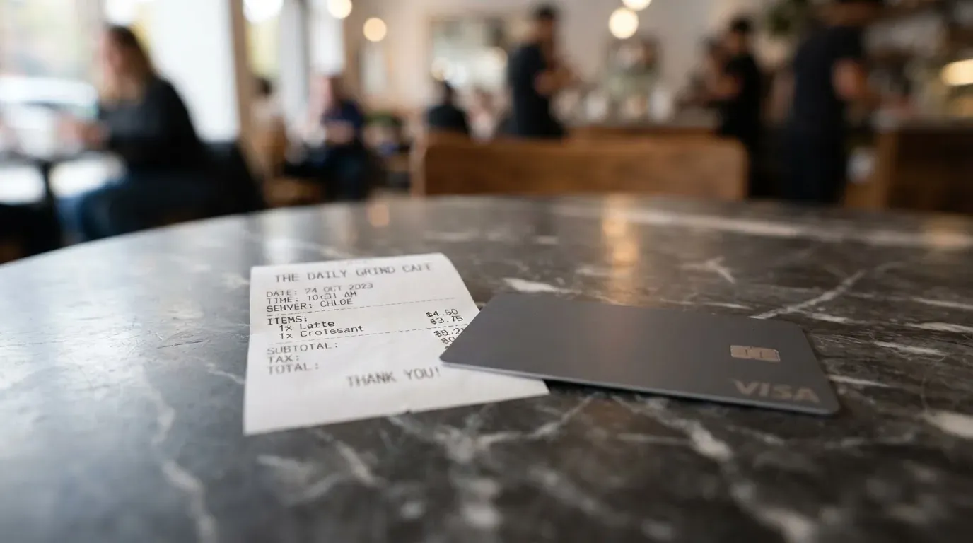 A receipt and a card on a café table