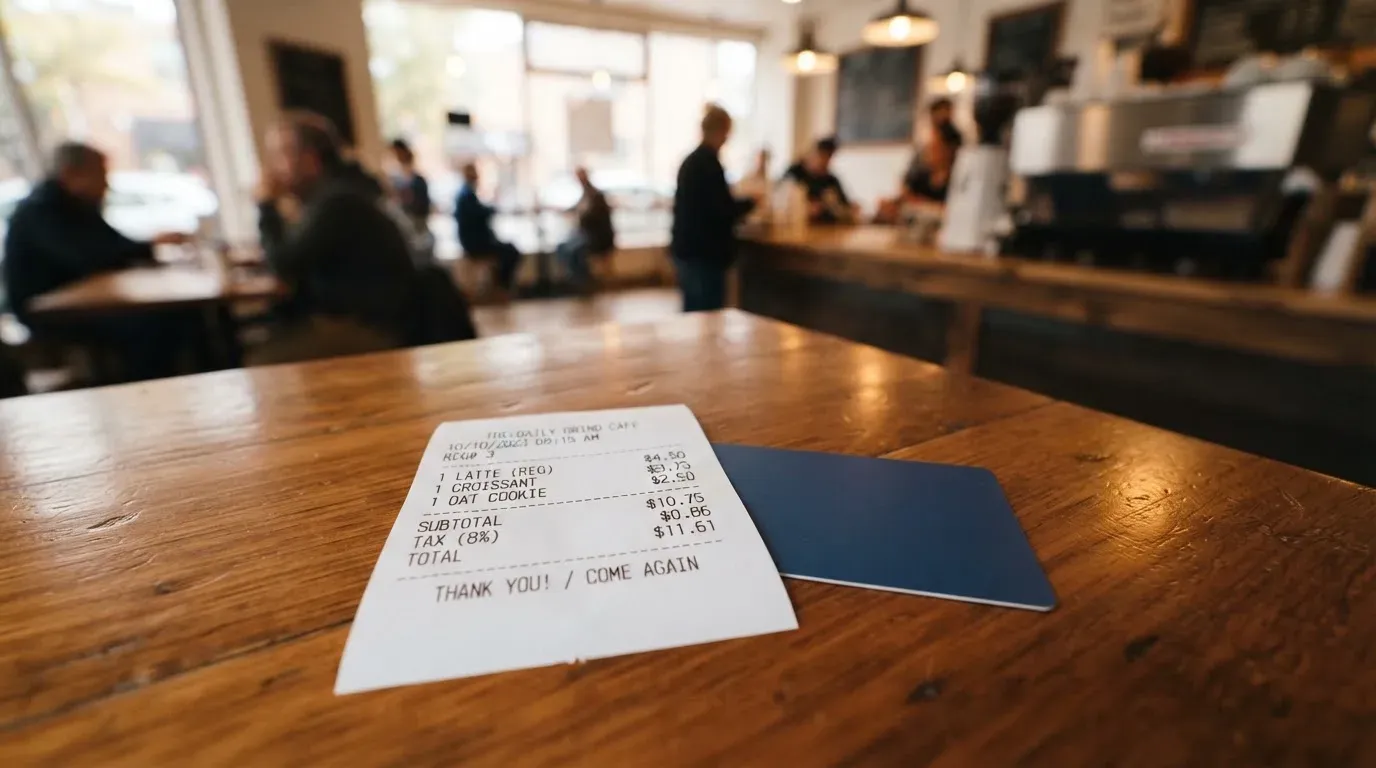 A receipt and a card on a café table