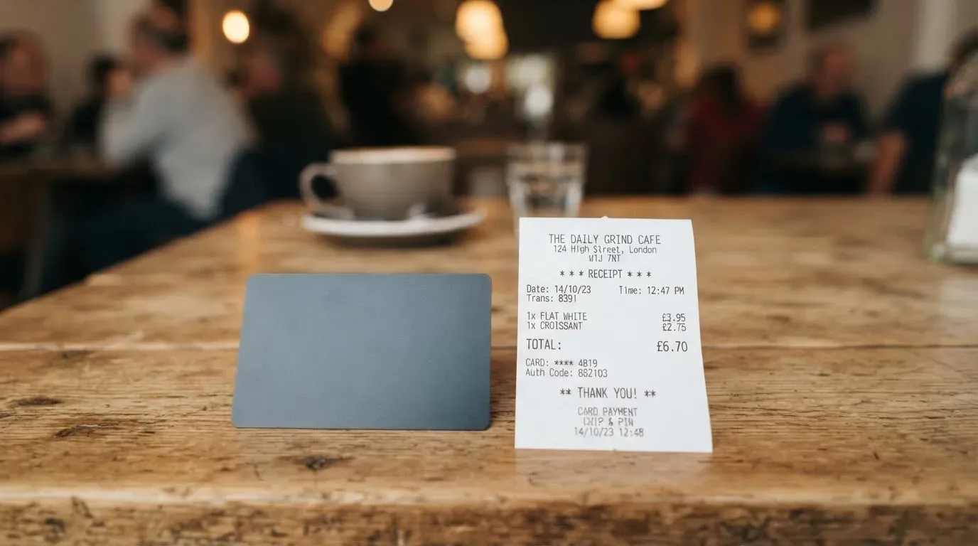 A receipt and a card on a café table