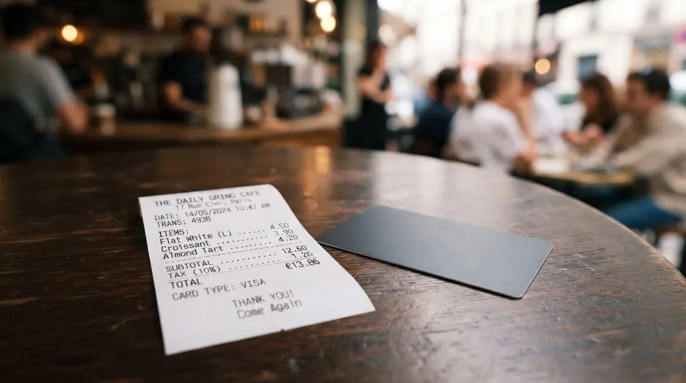 A receipt and a card on a café table