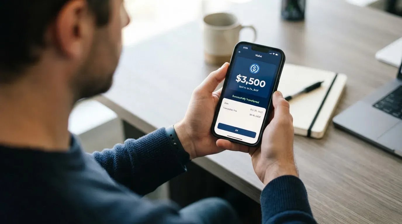 A phone showing a stablecoin transfer screen