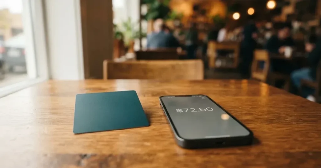 A payment card next to a phone with a crypto wallet app open