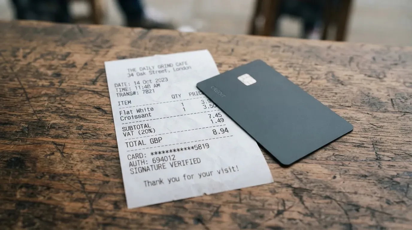 A receipt and a card on a café table