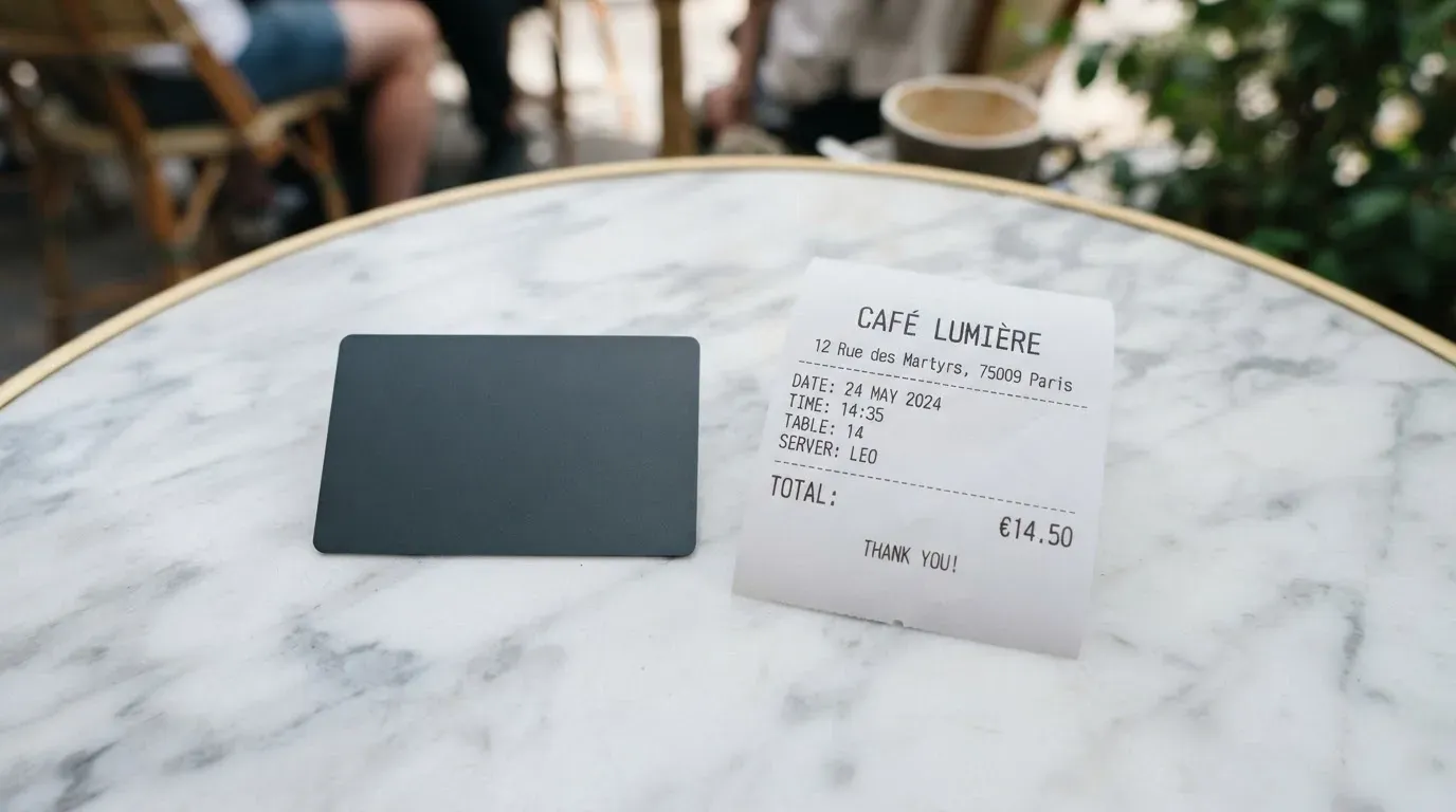 A receipt and a card on a café table
