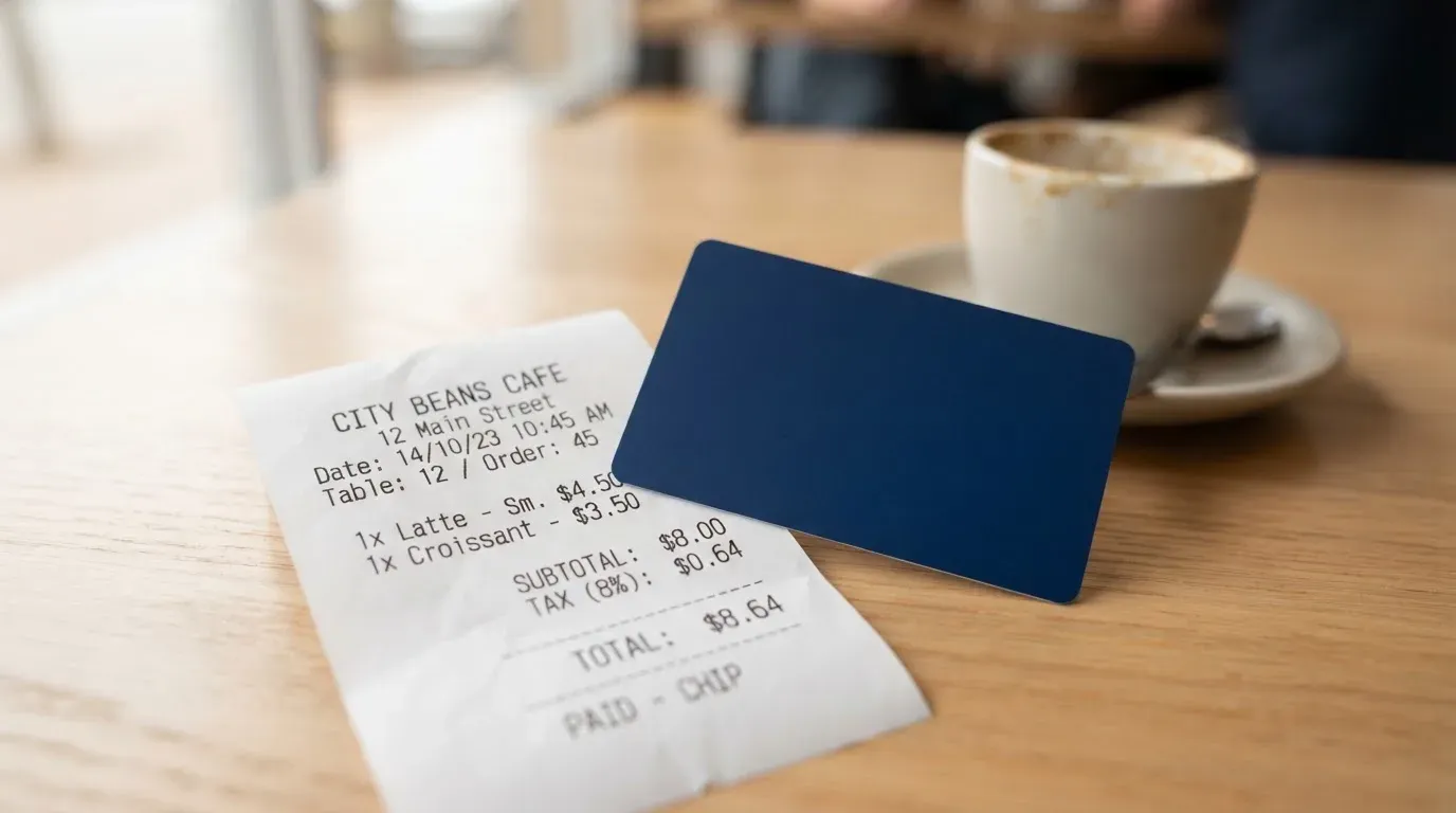 A receipt and a card on a café table