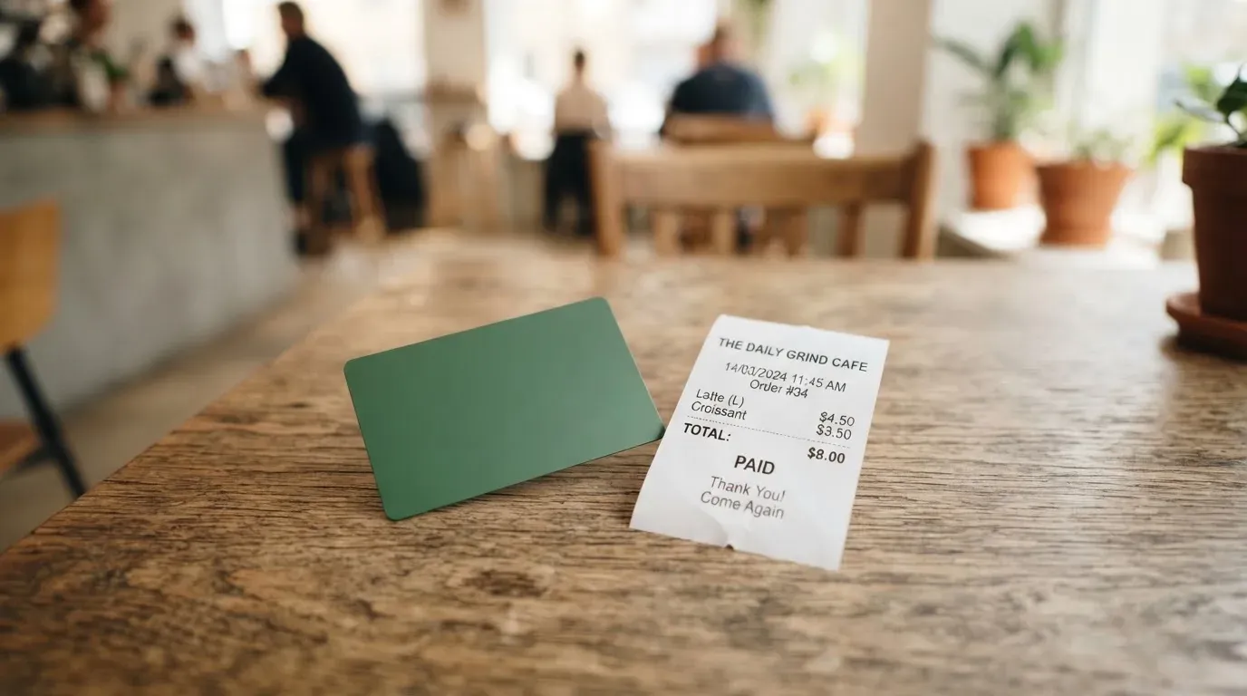 A receipt and a card on a café table