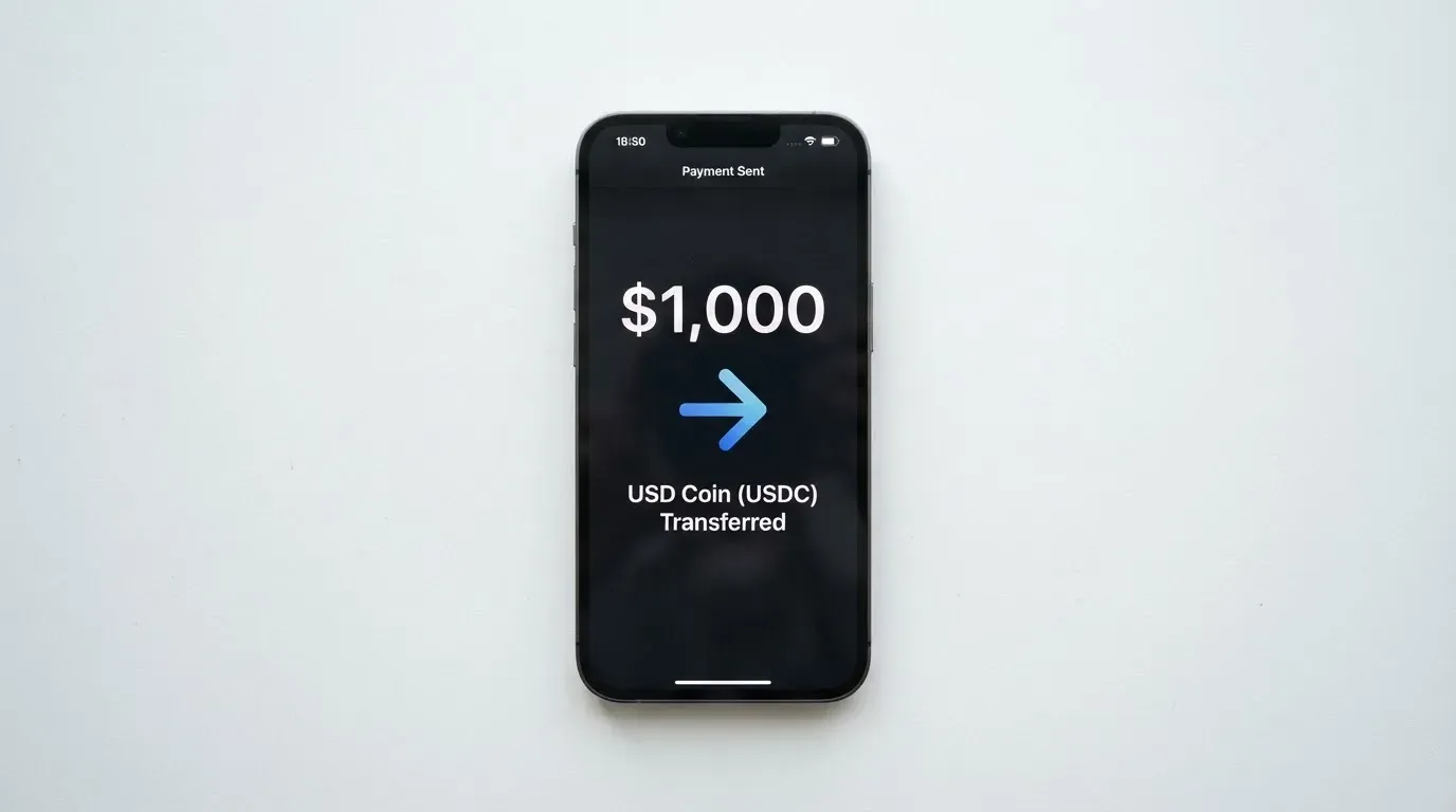 A phone showing a stablecoin transfer screen