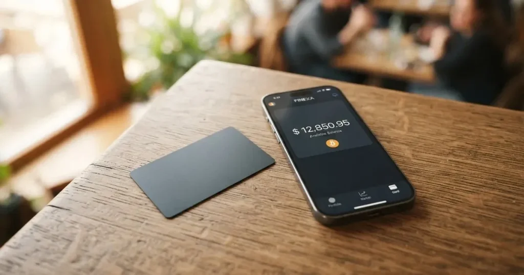 A payment card next to a phone with a crypto wallet app open