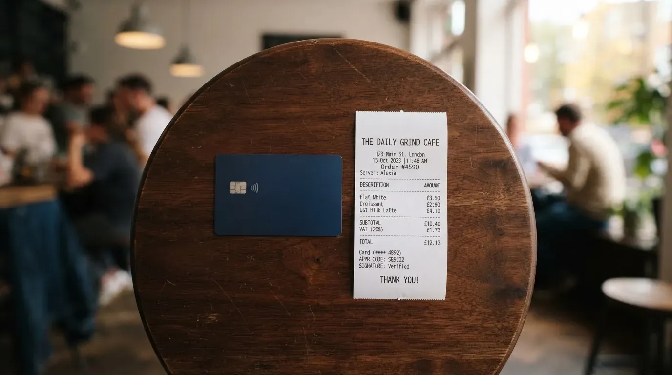 A receipt and a card on a café table