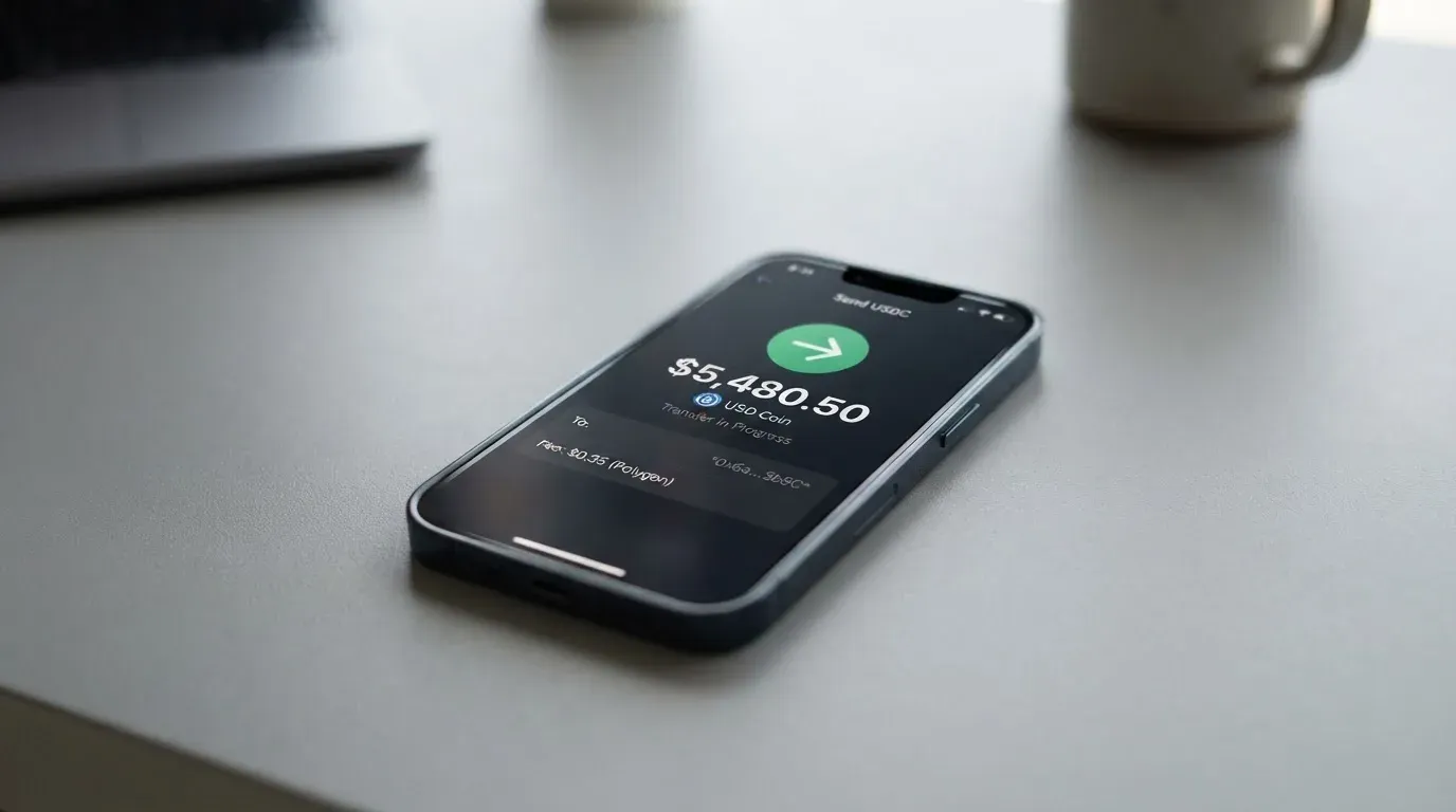A phone showing a stablecoin transfer screen