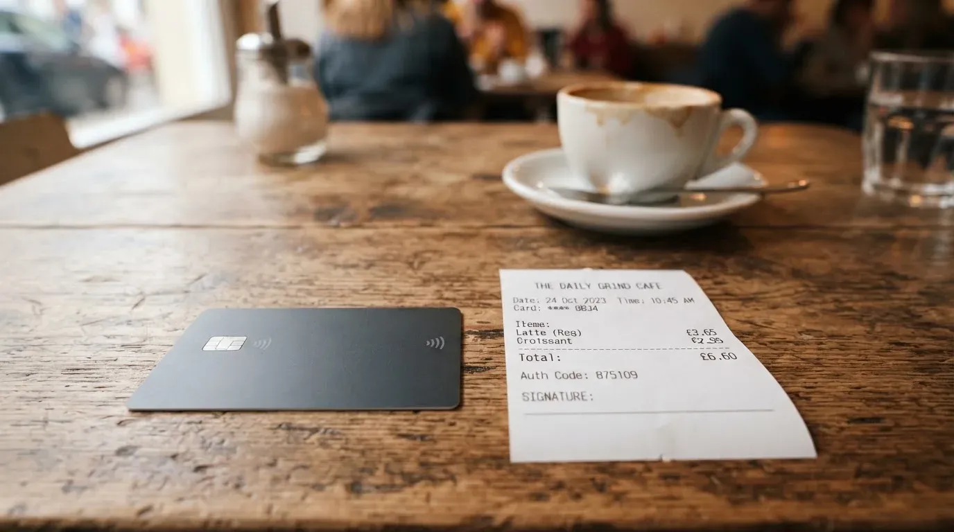 A receipt and a card on a café table