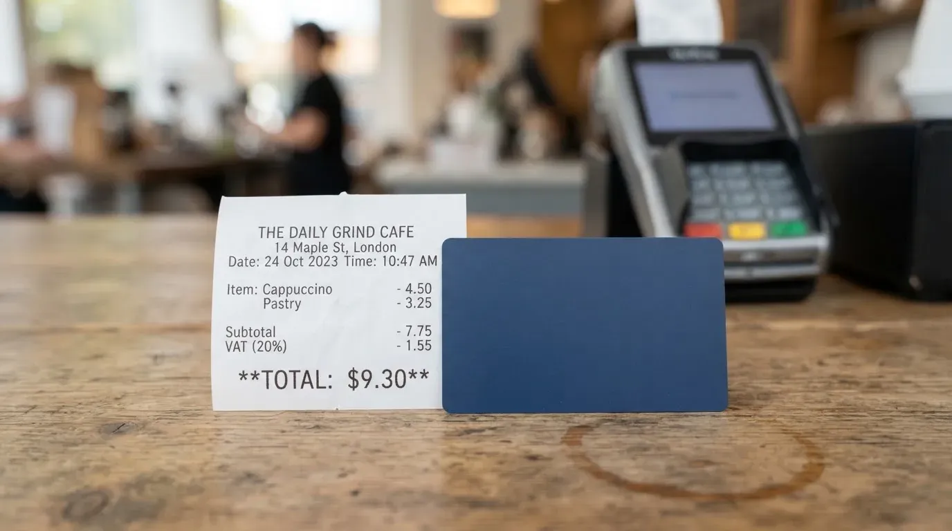 A receipt and a card on a café table