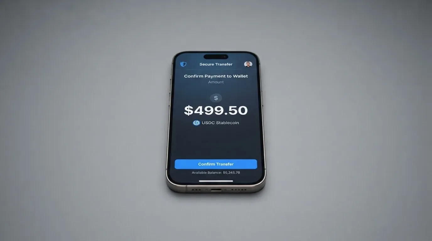 A phone showing a stablecoin transfer screen