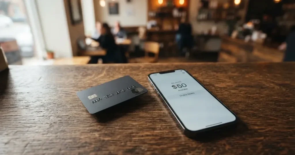 A payment card next to a phone with a crypto wallet app open