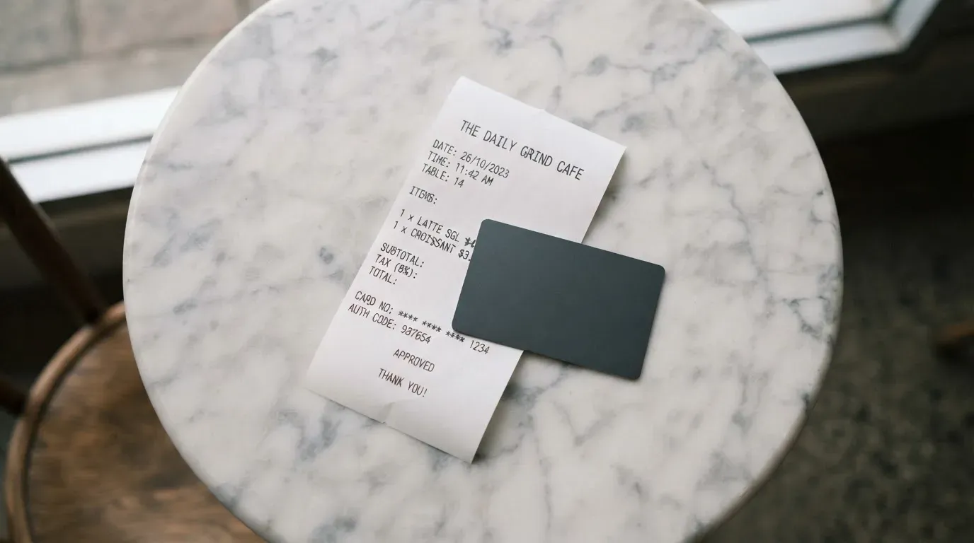 A receipt and a card on a café table
