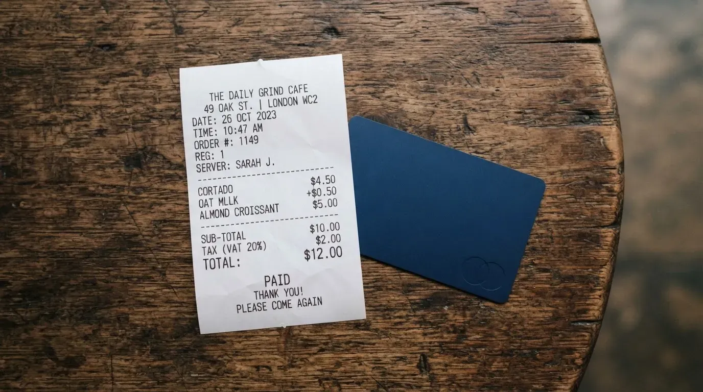 A receipt and a card on a café table
