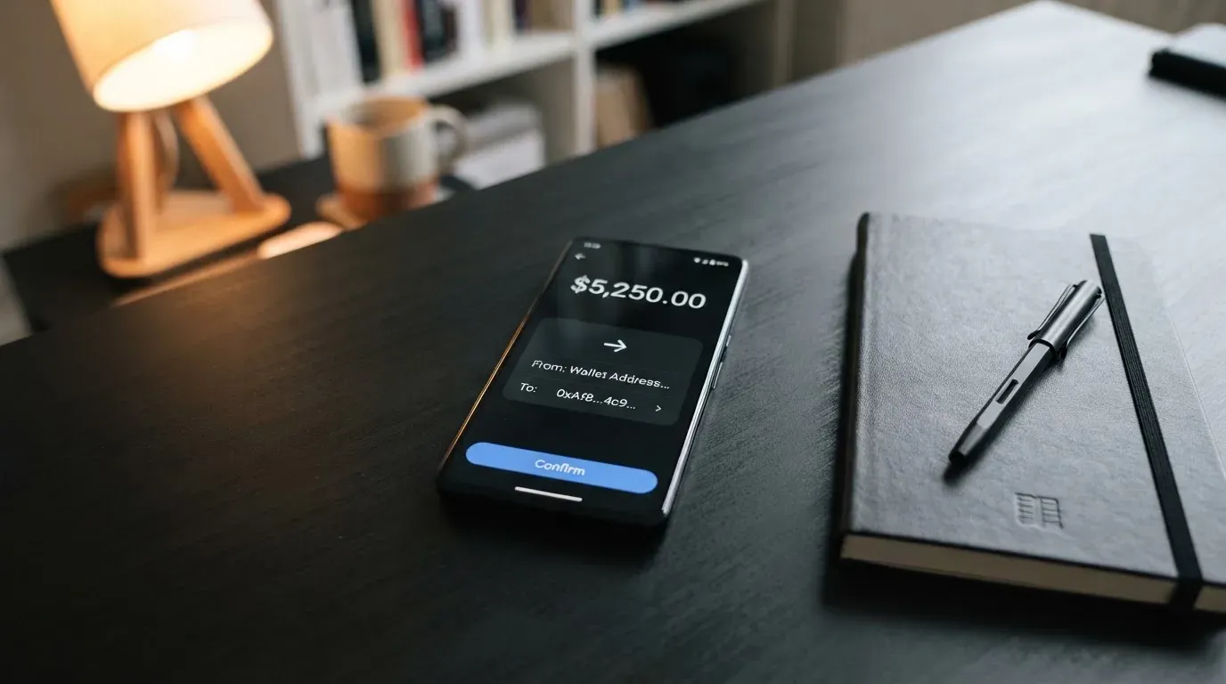 A phone showing a stablecoin transfer screen