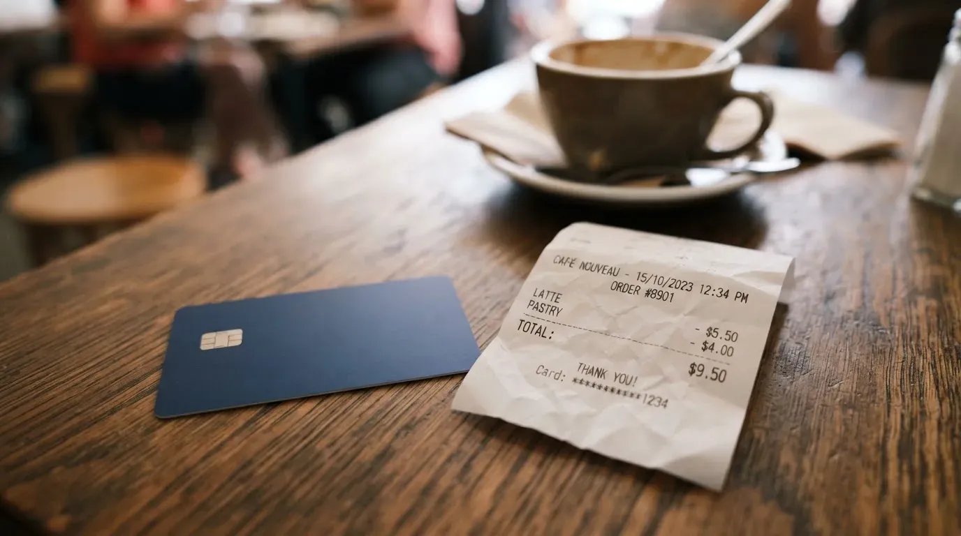 A receipt and a card on a café table