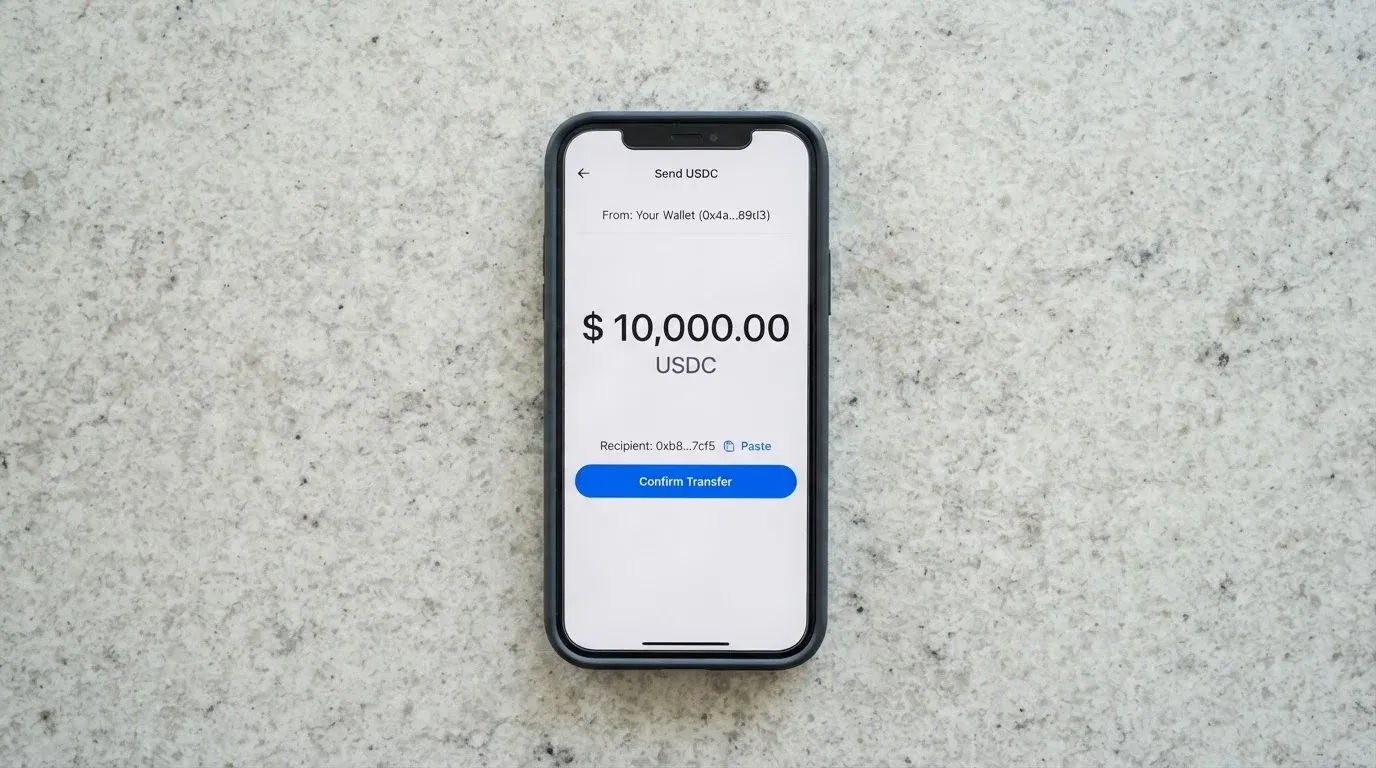 A phone showing a stablecoin transfer screen