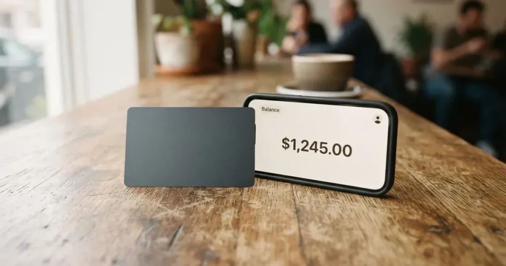 A payment card next to a phone with a crypto wallet app open