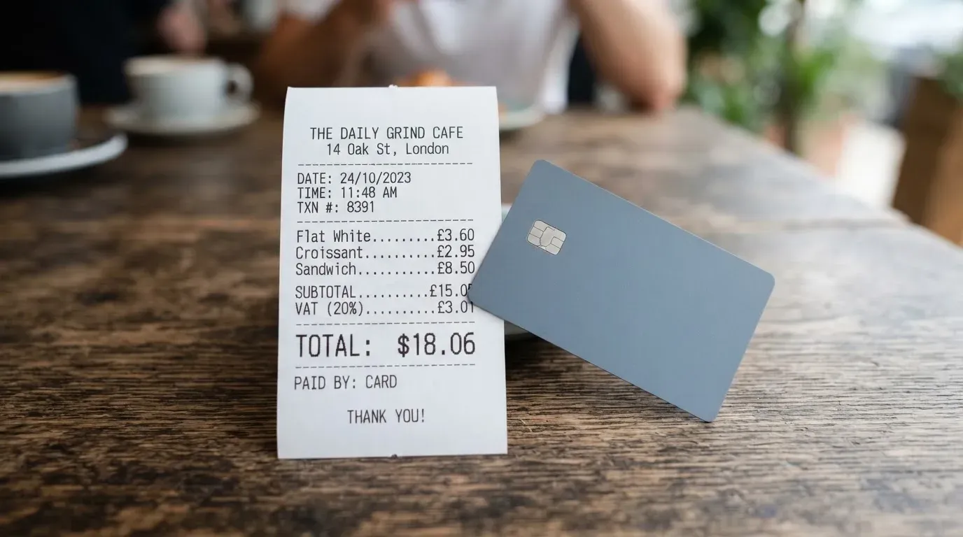A receipt and a card on a café table