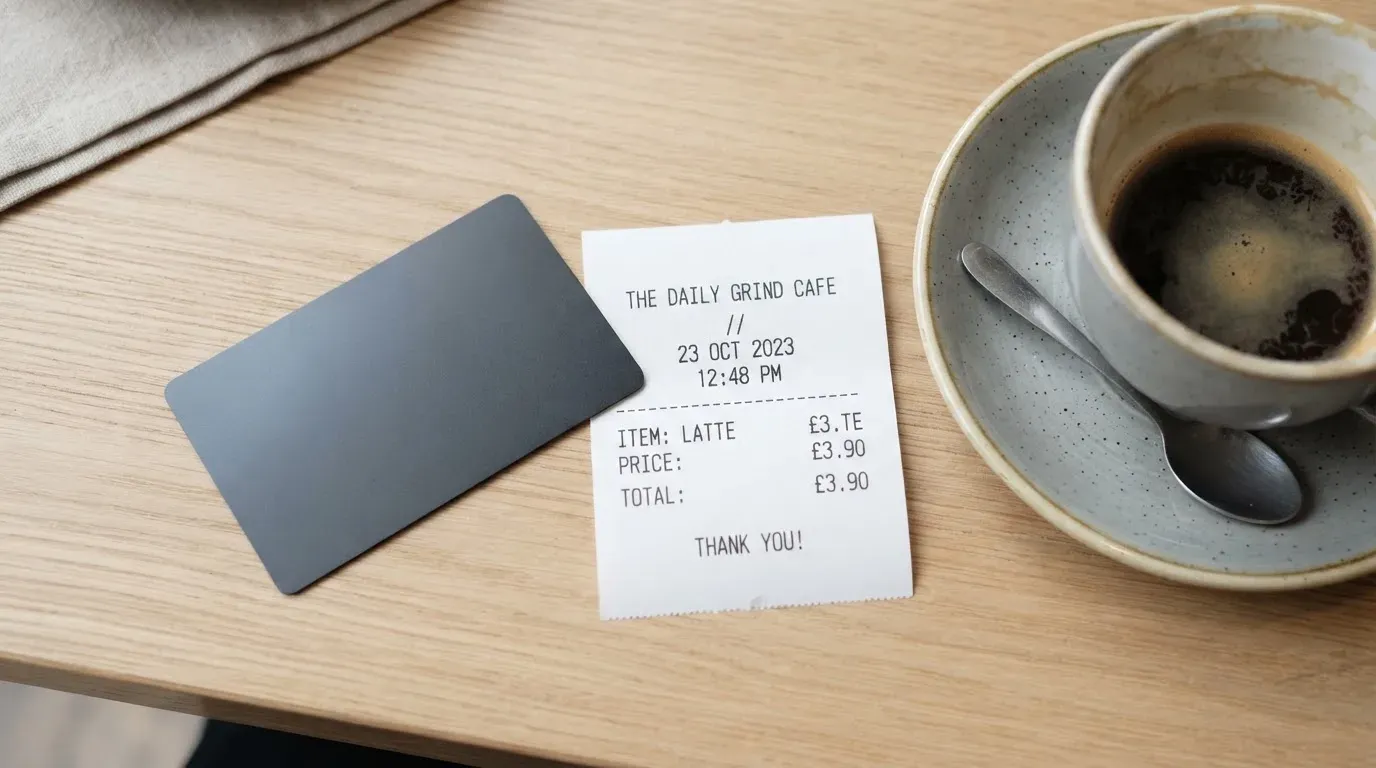 A receipt and a card on a café table