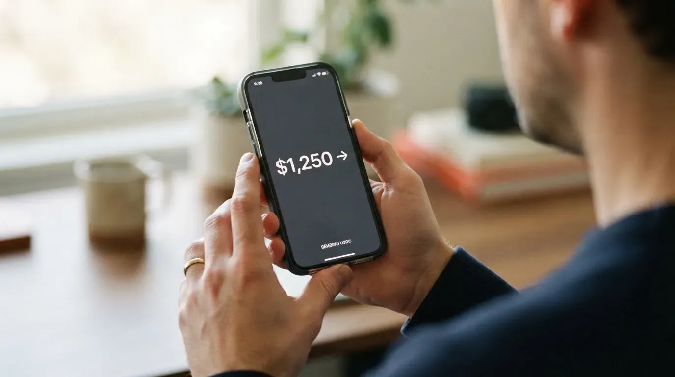 A phone showing a stablecoin transfer screen