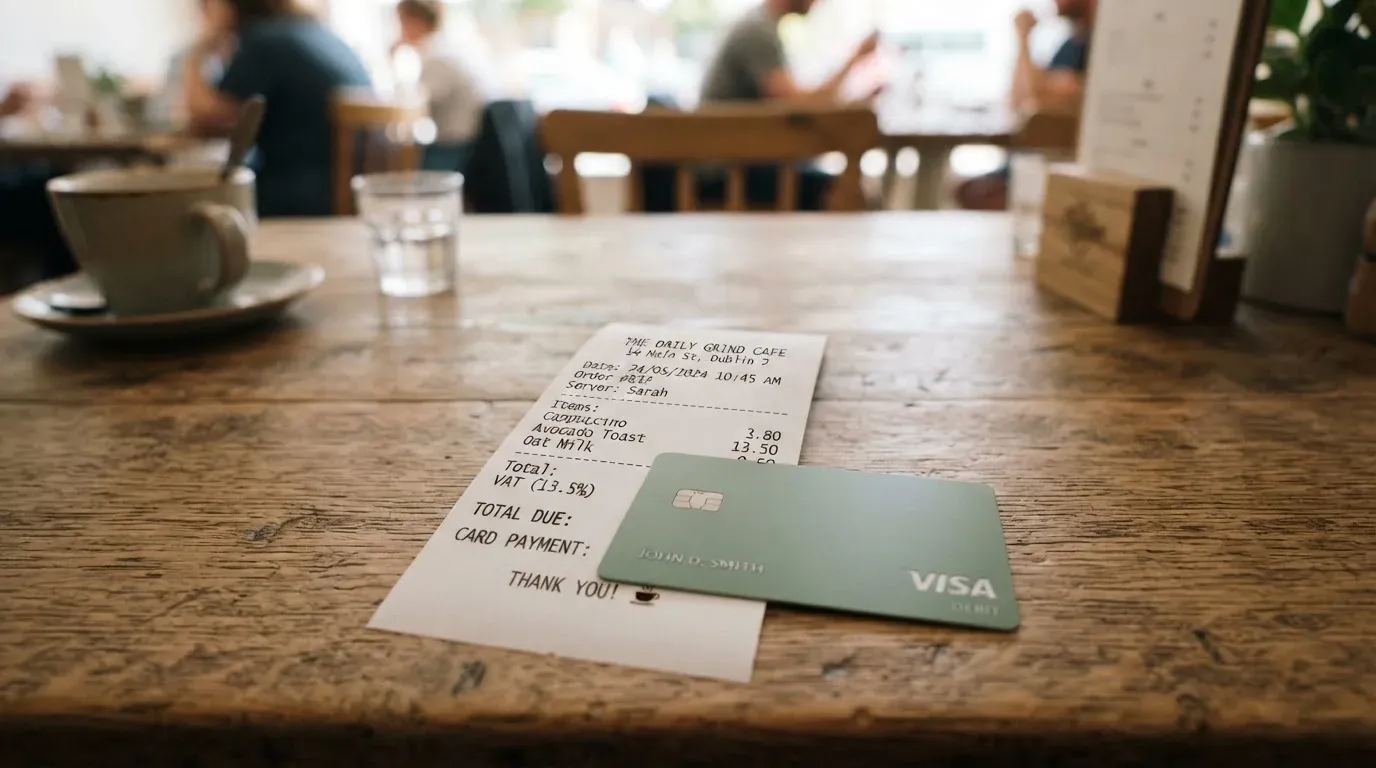 A receipt and a card on a café table