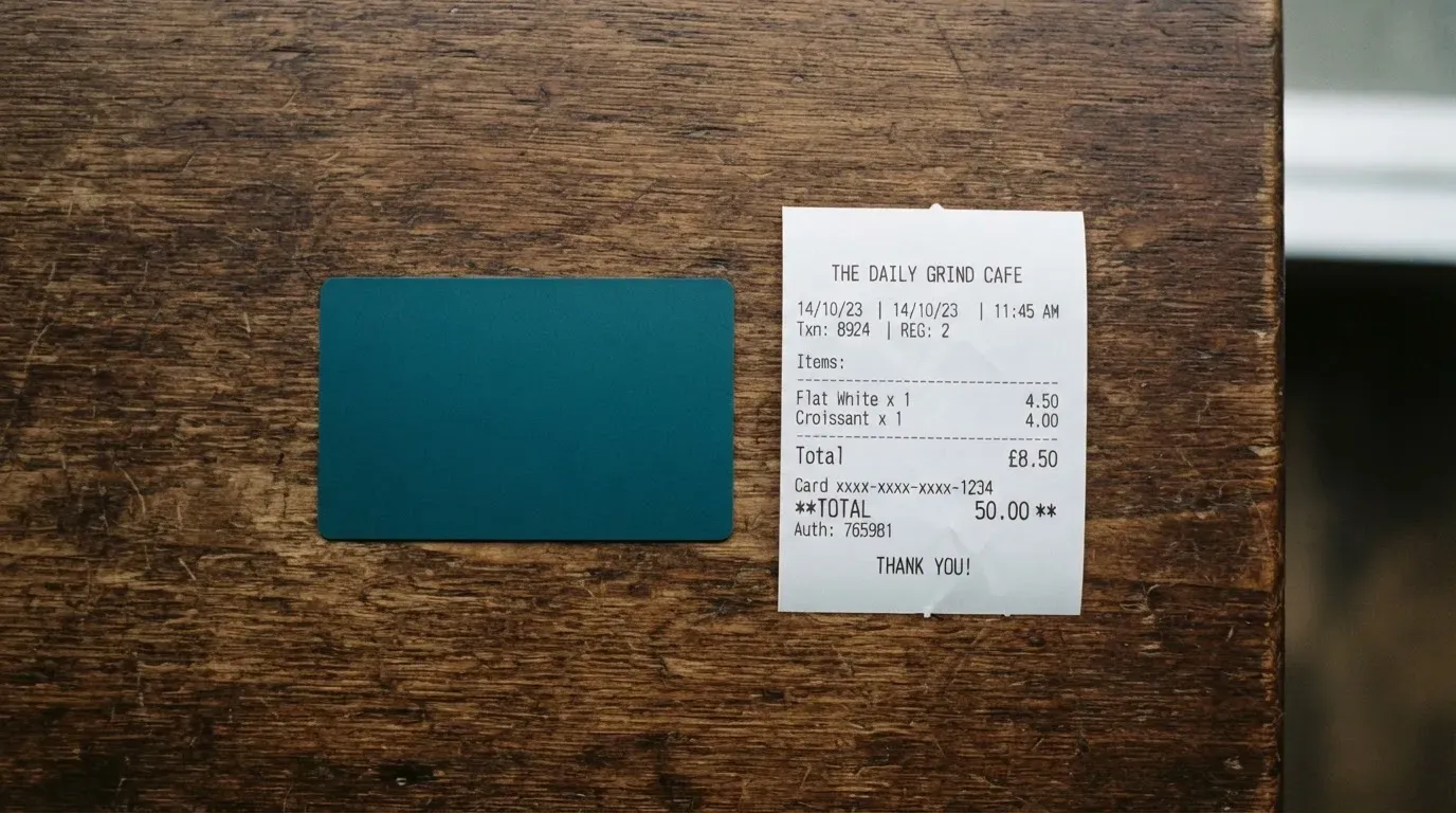 A receipt and a card on a café table