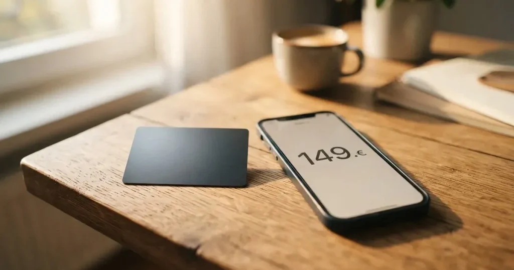 A payment card next to a phone with a crypto wallet app open