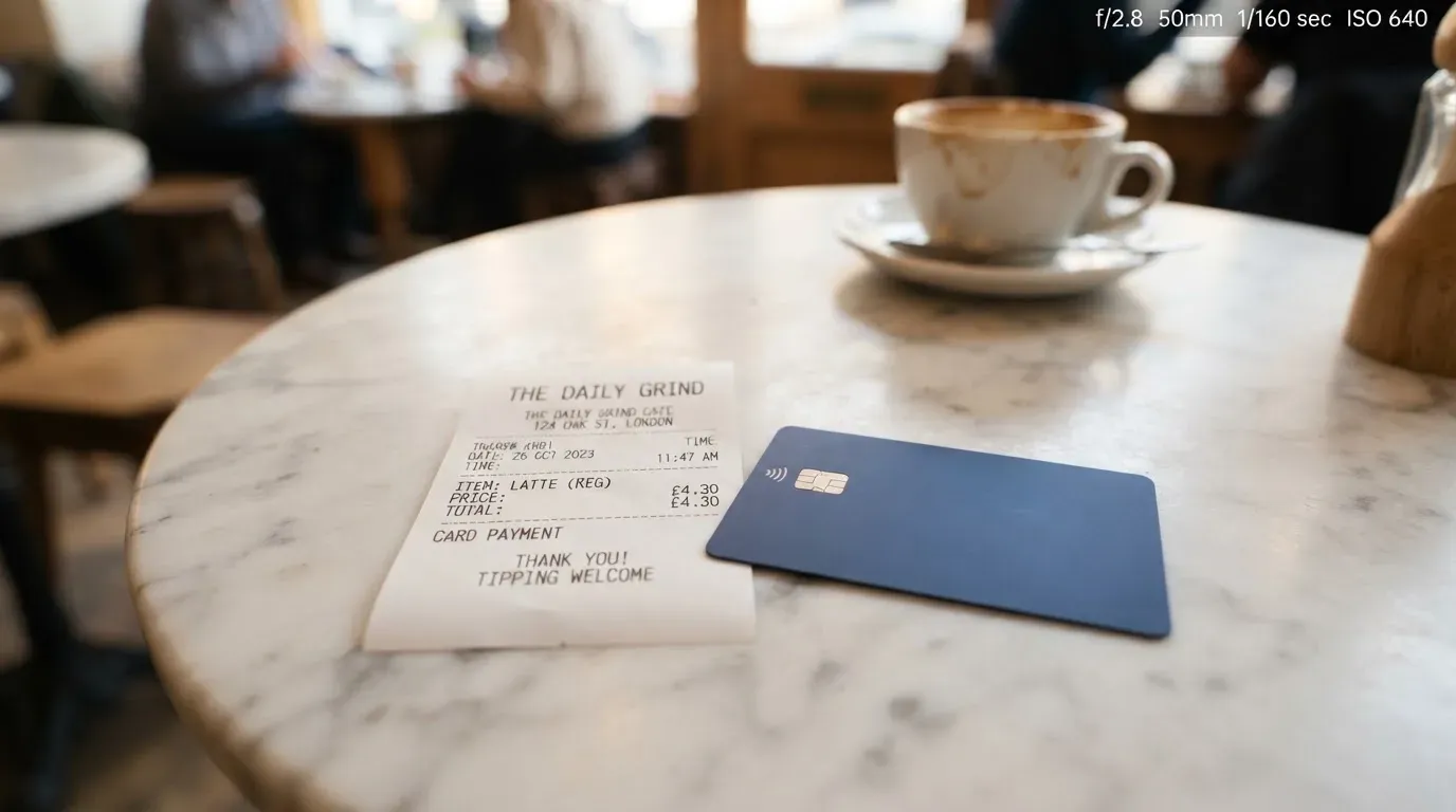 A receipt and a card on a café table