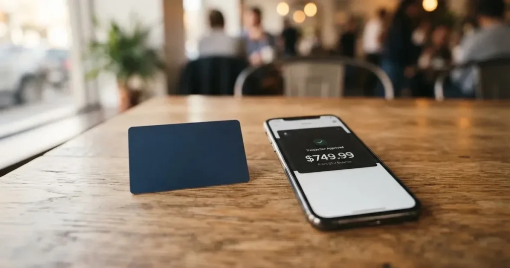 A payment card next to a phone with a crypto wallet app open