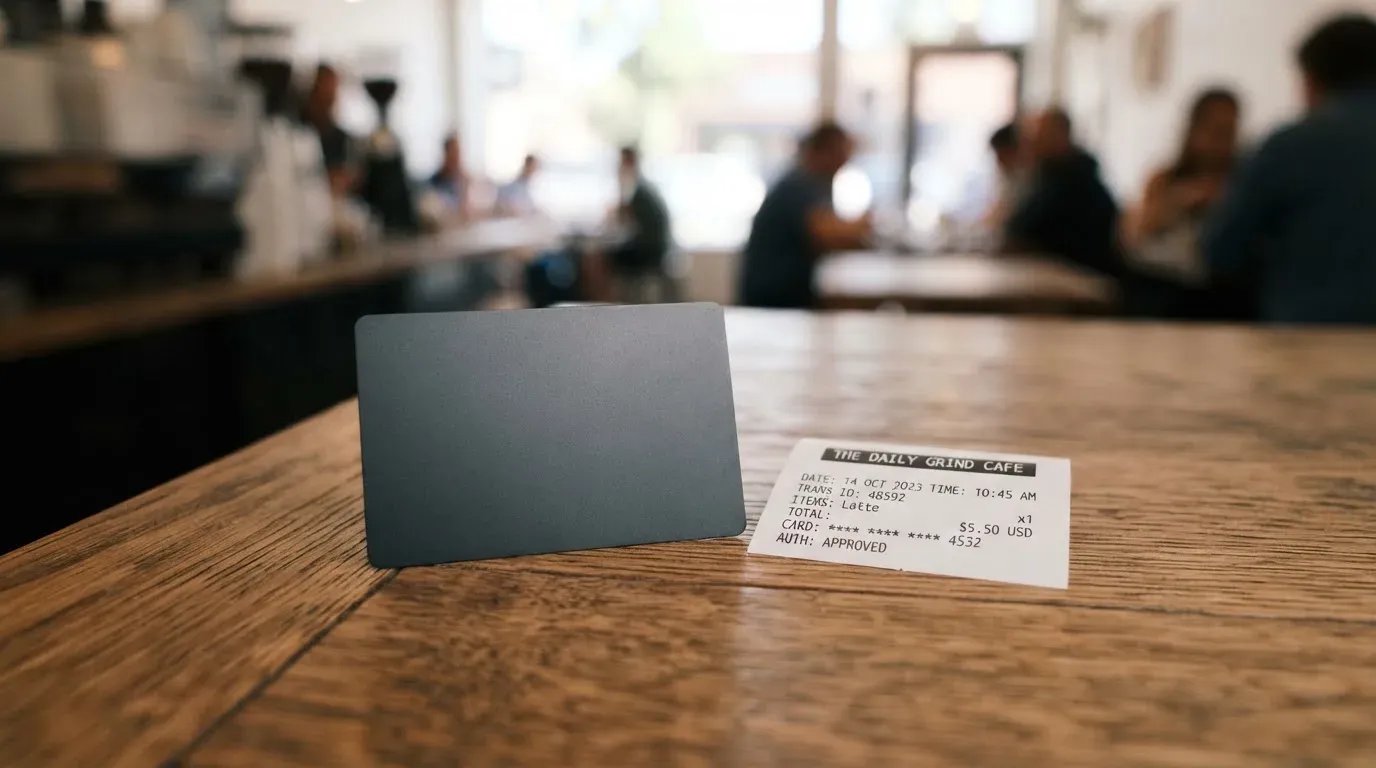 A receipt and a card on a café table