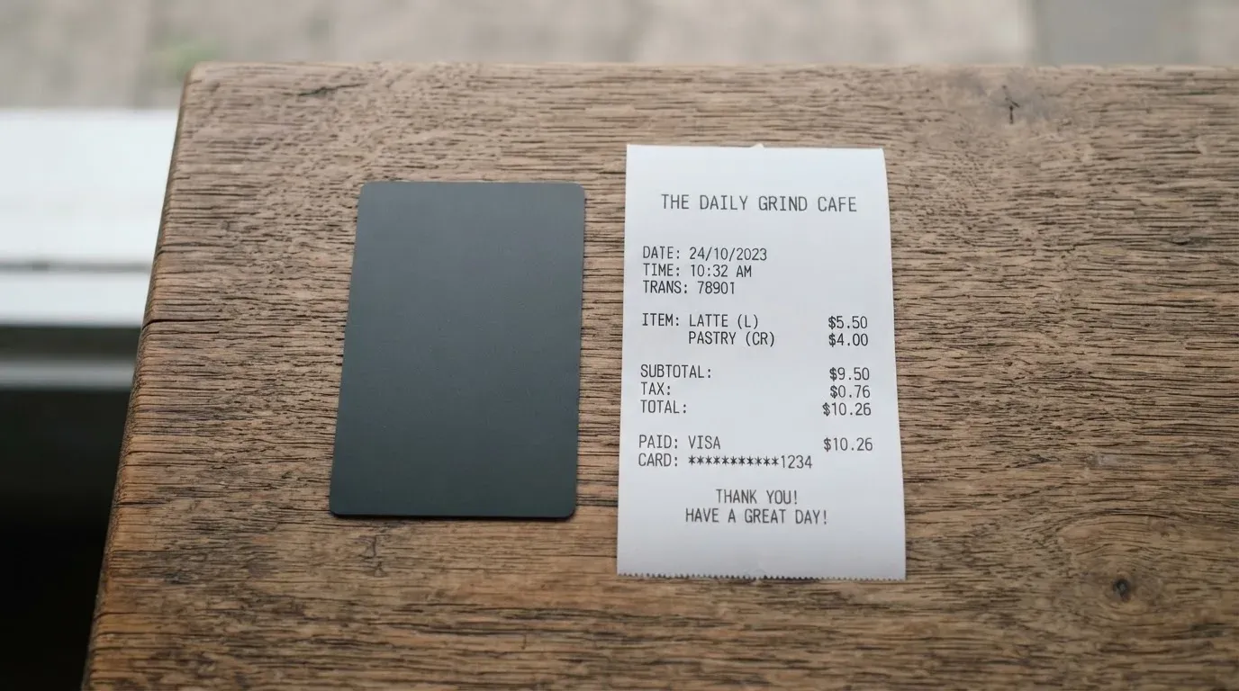 A receipt and a card on a café table
