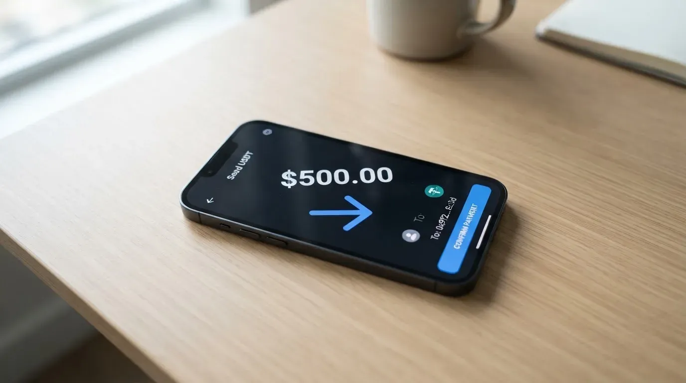 A phone showing a stablecoin transfer screen