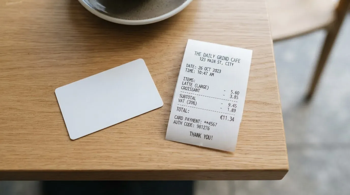 A receipt and a card on a café table