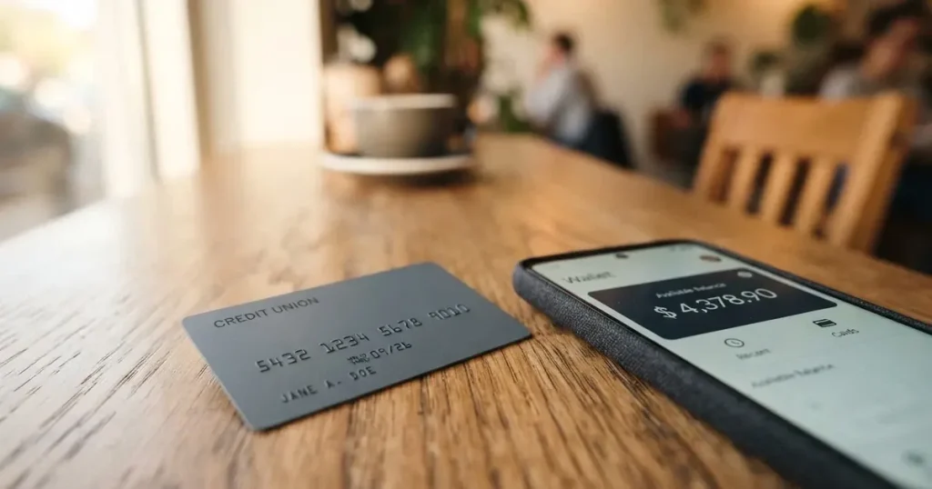A payment card next to a phone with a crypto wallet app open