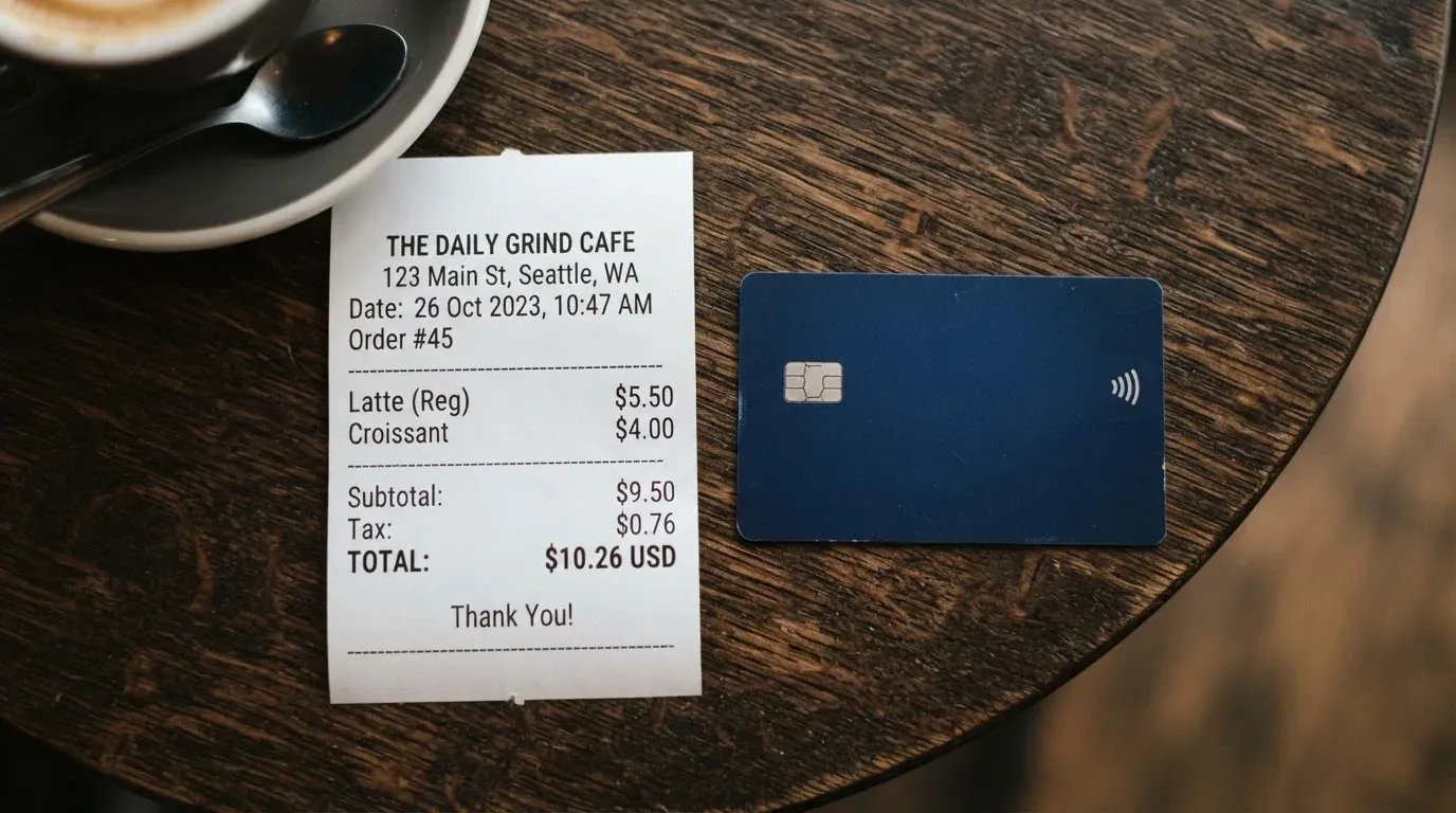 A receipt and a card on a café table
