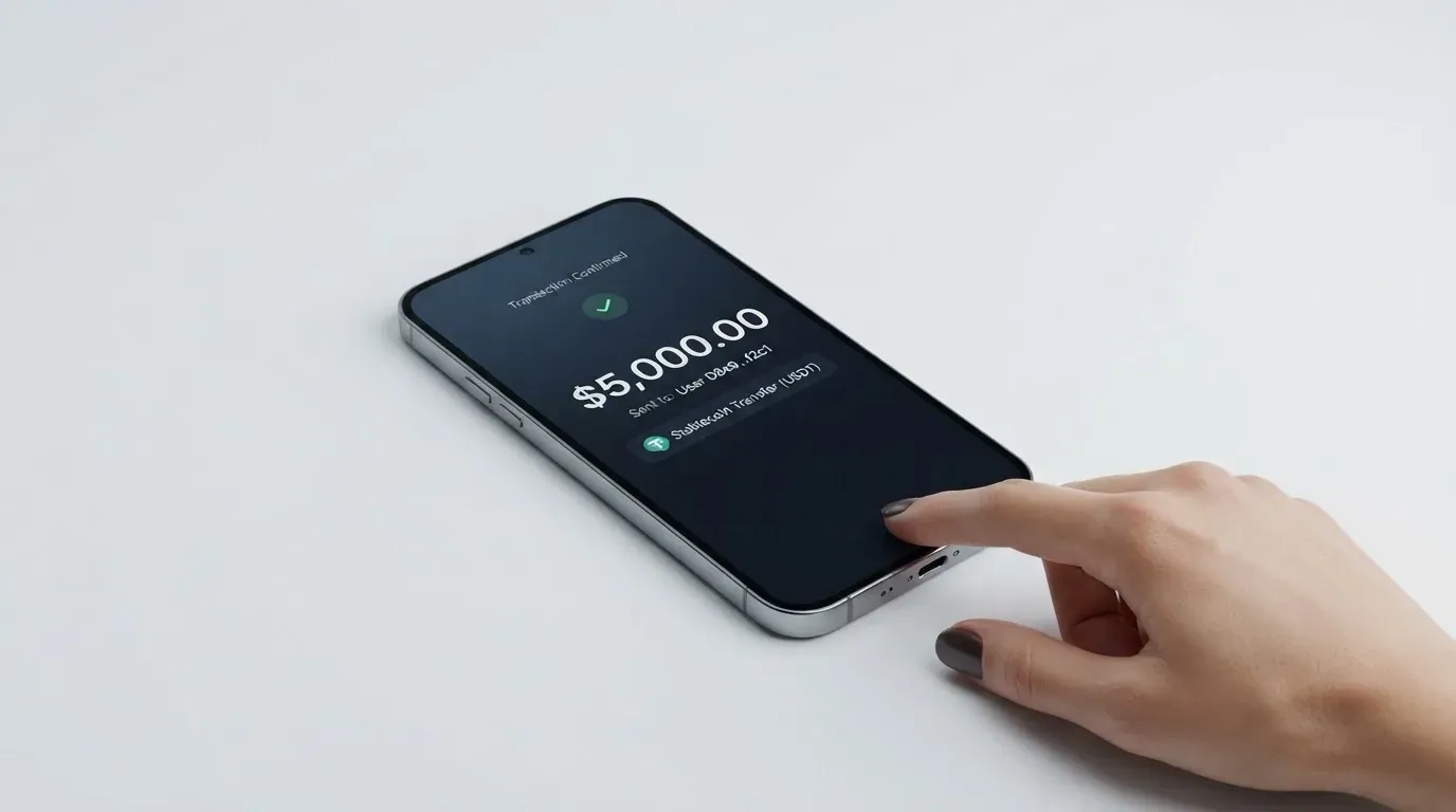 A phone showing a stablecoin transfer screen