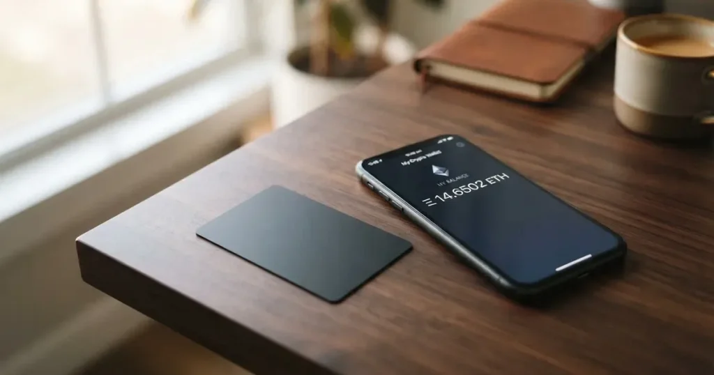A payment card next to a phone with a crypto wallet app open